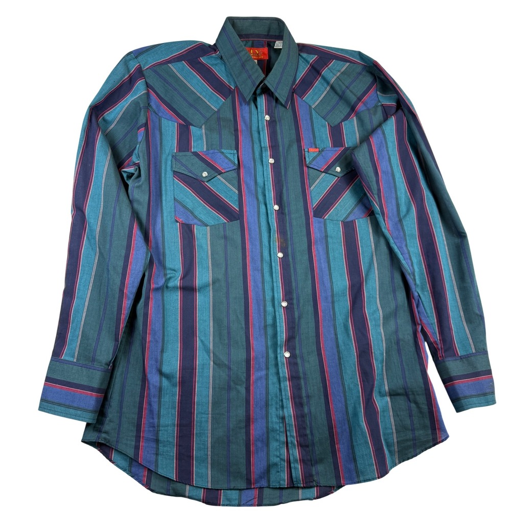 Ely Plains Western Pearl Snap Shirt Mens 16 34-35 Large Multi-Color Stripe Y2K